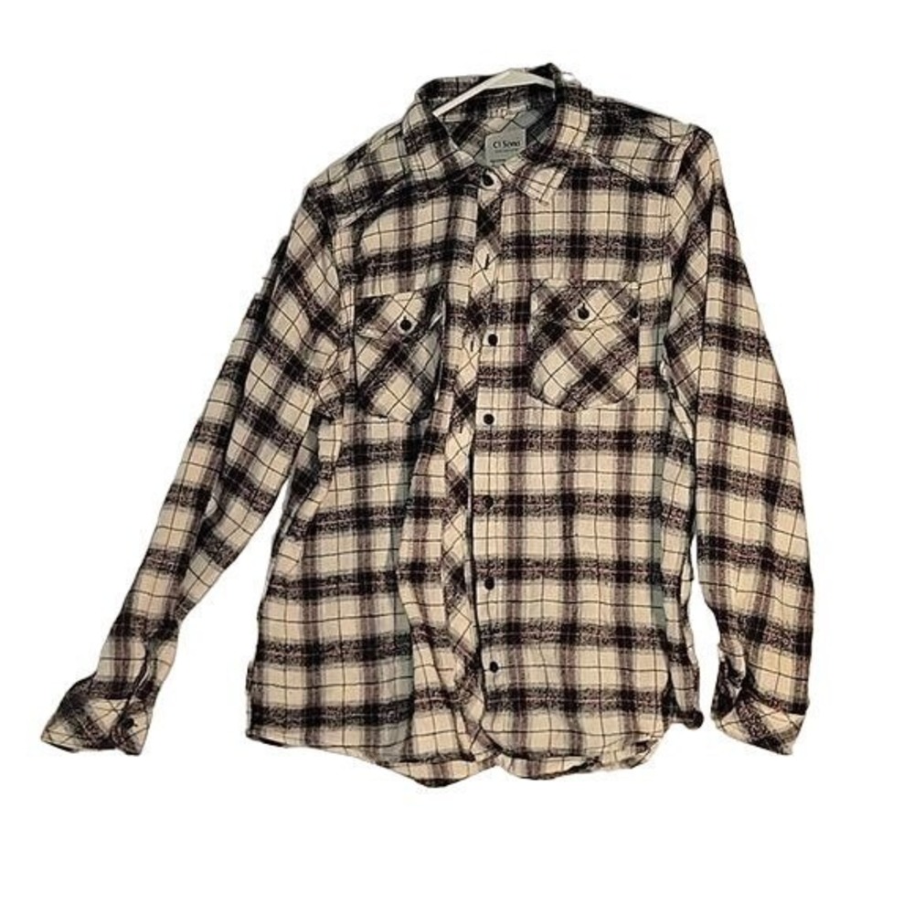 Ci Sono Plaid Collection Mens XL Black White Flannel‎ Button Down Shirt Pockets